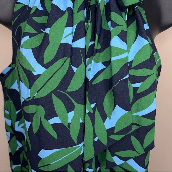 NEW Ann Taylor Petite Medium Blouse Green Blue Leaf Print Tie Neckline High Neck - Picture 6 of 14